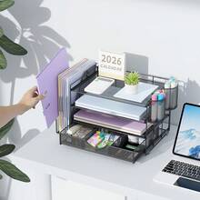 Organizador de Escritorio de 4 Niveles con Compartimentos Verticales, Cajones Deslizantes y Porta Lápices, Ideal para Organizar Documentos, Papeles y Suministros de Oficina en el Día a Día - Rosa - Ver 3