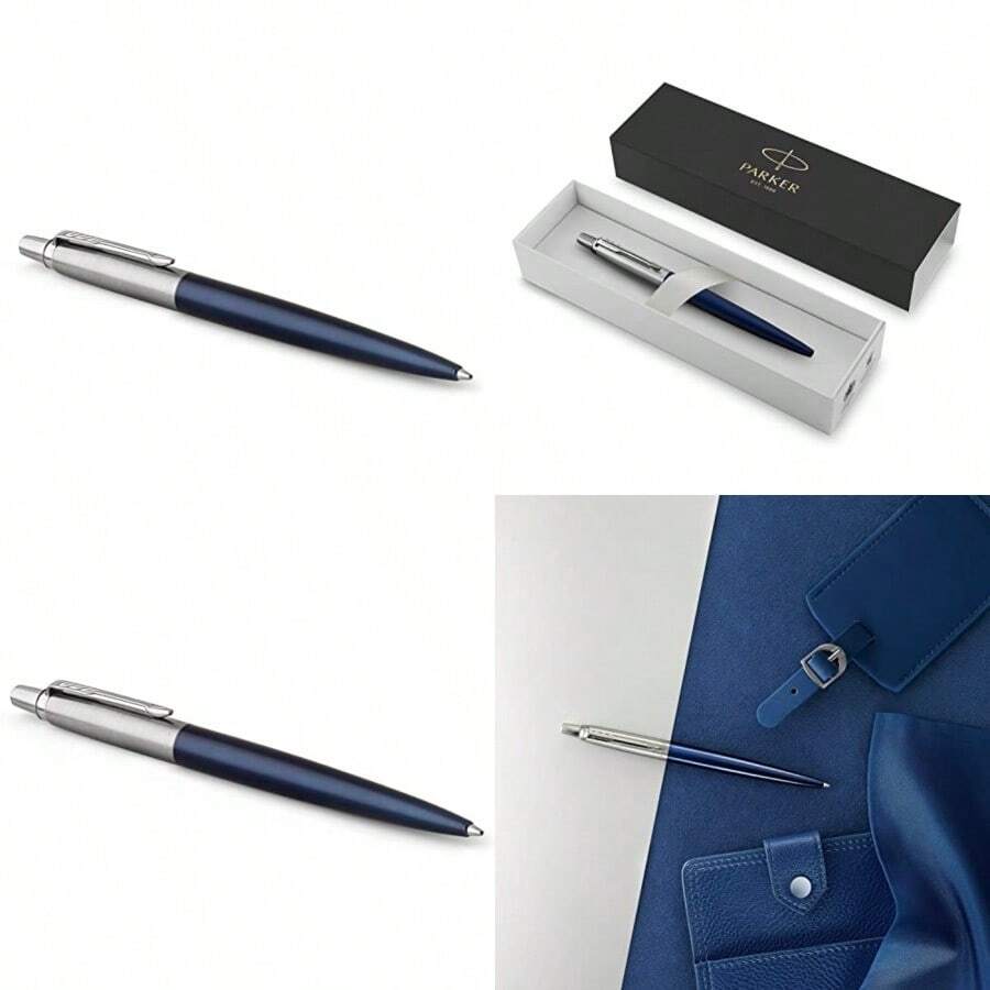 New PARKER 1953186 Retractable Jotter Chrome Trim Ballpoint Pen Royal Blue 14927 - Blue - View 1
