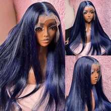 Dark Blue Lace Front Wigs Human Hair Silky Straight 13x4 HD Transparent Glueless Wigs Human Hair 250 Density Blue Colored Long Straight Wigs Human Hair For Women Natural Hairline With Baby Hair Holiday Christmas New Year Valentine's Day Wig - SBlue - 查看 2