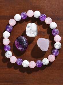 1条时尚8毫米白绿松石-紫水晶-粉晶天然石能量平衡睡眠手链，送给朋友 - 彩色 - 查看 2