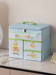 1pc Fabric Cartoon Foldable Drawer Makeup Storage Box, Large Capacity Compartment Organizer, Portable Dust-Proof Jewelry Case