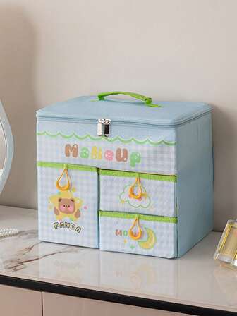 1pc Fabric Cartoon Foldable Drawer Makeup Storage Box, Large Capacity Compartment Organizer, Portable Dust-Proof Jewelry Case