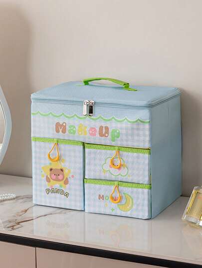 1pc Fabric Cartoon Foldable Drawer Makeup Storage Box, Large Capacity Compartment Organizer, Portable Dust-Proof Jewelry Case