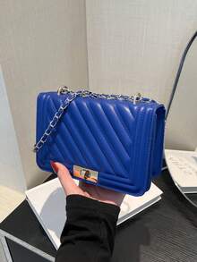 Mini Fashionable New Solid Color PU Leather Chain Shoulder Crossbody Flap Bag - Blue - View 7