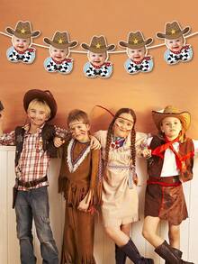 7/14/21pc Custom Personalized Cowboy Face Paper Banner Flags, Personalized Your Photo Pink Cowgirl Brown Cowboy Banner Hanging Decor, Western Themed Birthday Party Supplies, My First Birthday Party Favors, Cowboy 1st Birthday, Personalized Gifts, Room Decor, Funny Gifts - Multicolor - View 9