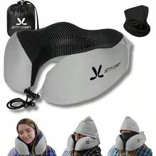 AWYYPremium Memory Foam Travel Neck Pillow With Hood And Face Cover For Privacy - Ergonomic Design For Sleeping On Plane Bus Train Office Gray - GrayBlack - View 1