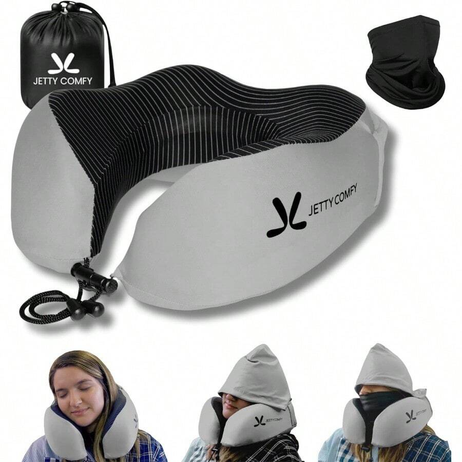 AWYYPremium Memory Foam Travel Neck Pillow With Hood And Face Cover For Privacy - Ergonomic Design For Sleeping On Plane Bus Train Office Gray - GrayBlack - View 1