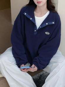 DAZY Women's Loose Fit High Neck Sweatshirt With Front Logo Print, Thick Thermal Lining, Autumn - Blue - View 5