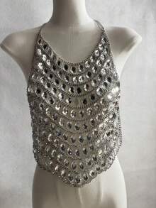 ZHENGHEN 1件奢华水钻镶嵌吊带项链，时尚多层珍珠装饰身体链，适合派对装扮 - 透明灰 - 查看 5