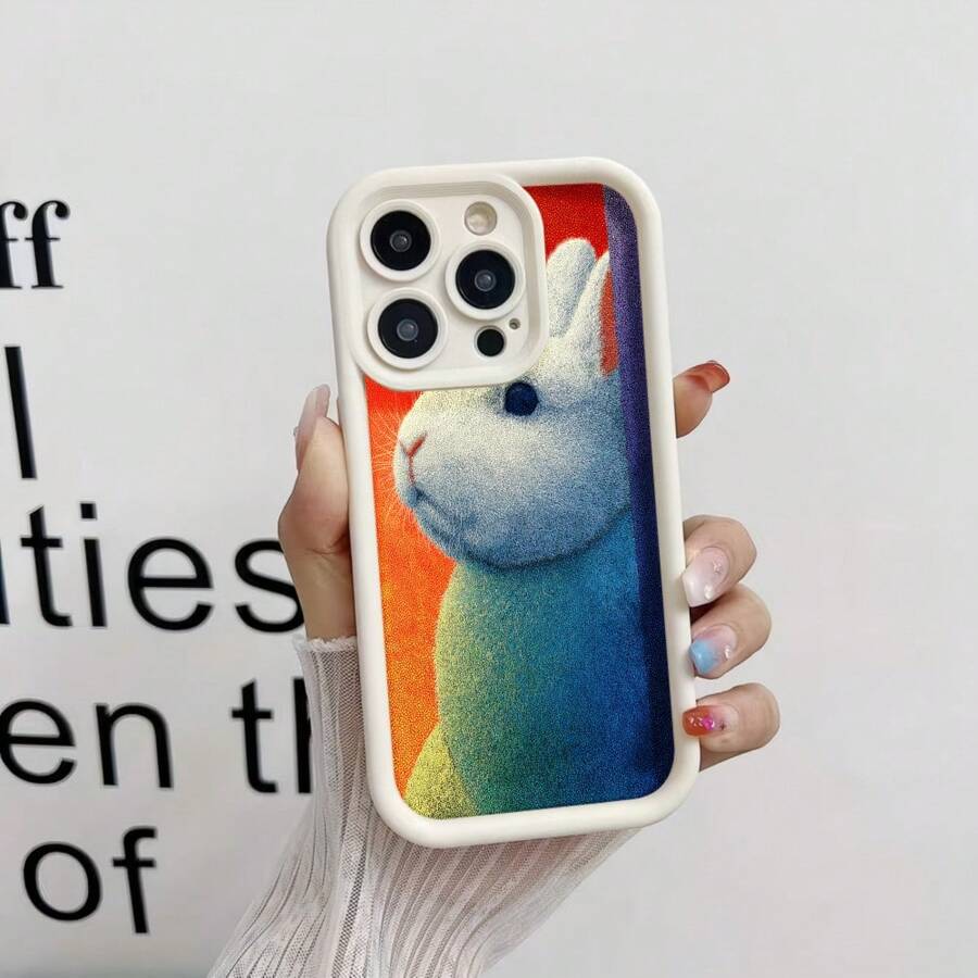 Cubierta de telefono con borde negro y diseño de conejo arcoiris para iPhone 14 Pro Max funda protectora con estampado de conejo colorido ideal para uso diario y regalos - Blanco - Ver 1