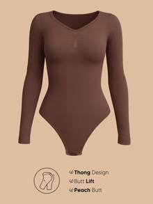 1pc Women's Long Sleeve Tummy Control Lift Bust Bodysuit - Coffee Brown - View 4