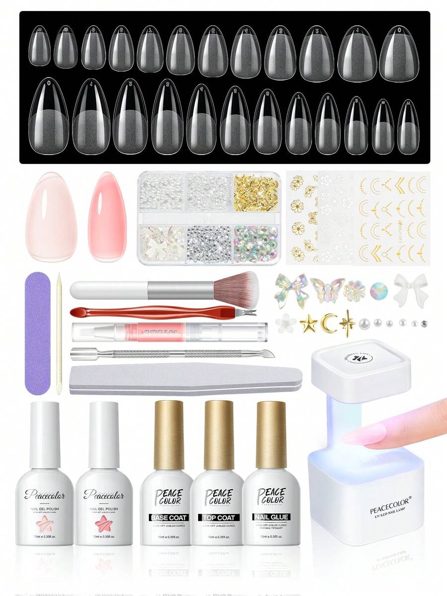 peacecolor 240pcs Short/Medium Almond Shaped False Nail Stickers Set, Includes UV/LED Lamp, 10ml Jelly Gel Polish, Low-Pain Nail Glue, No-Wipe Base & Top Coat, Suitable For Women DIY Home Manicure Salon, Can Be Given As Gifts Nails - Multicolor - View 1