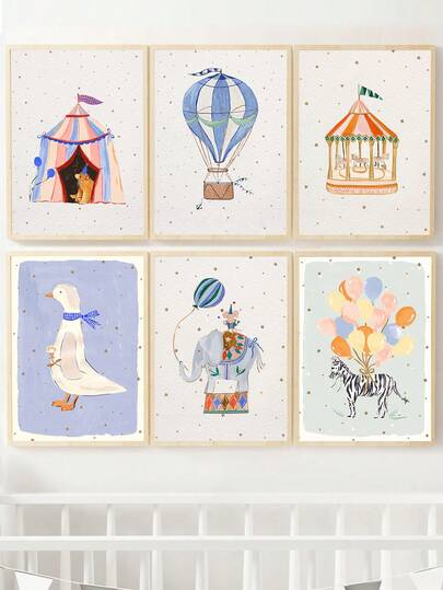 1幅装裱帆布墙画，婴儿房装饰画，适合女孩卧室和儿童房。这款装裱婴儿房墙饰采用复古风格设计，饰以气球和斑马纹图案，充满童趣，适合装饰男孩房、婴儿房、游戏室、幼儿园和游戏室。防水材质。派对装饰礼品。婴儿用品。