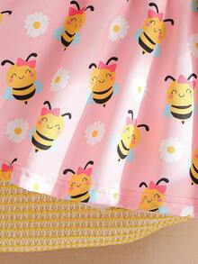 Bộ 3 món đồ liền thân in hình ong mùa hè cho bé gái + Băng đô nơ + Váy dây chéo họa tiết ong, Bộ quần áo nhiều lớp dễ thương và ngọt ngào cho bé gái - Hồng - Xem 9