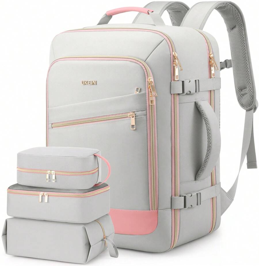 UKEIN 40L Travel Backpack For Women, Carry On Bag Flight Approved, Waterproof Backpack With 3 Packing Cubes, Weekender Personal Item Bags For Airplane Travel Essentials, TSA Approved - 灰粉 - 查看 1
