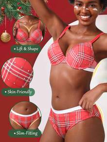 1 Set/2pcs Red Striped Underwire Bra Set - Christmas Theme, Lift & Side Fat Control, Supportive, Holiday Gift - Red - View 4
