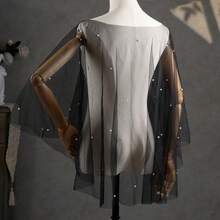 1pc Gothic Style Black Witch Bridal Cosplay Accessory, Faux Pearl Embellished Wedding Shawl Bolero - Black - View 5