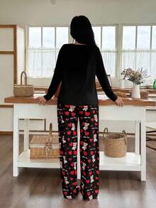 2pcs Elegant & Comfortable Casual Milk Silk Women Crew Neck Long Sleeve Top & Pants Set With Heart & Bear Letter Pattern, Spring - Black - View 2