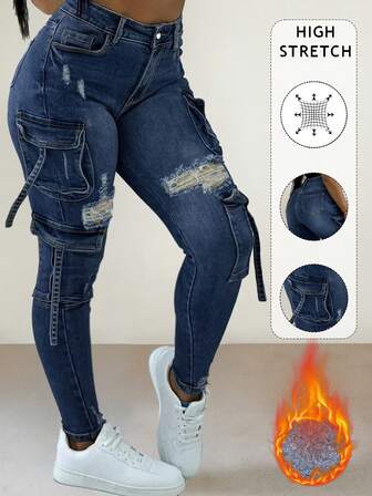 Jeans de carga con forro térmico de estilo Y2K para mujer - Estilo cropped de ropa urbana con bolsillos con múltiples solapas