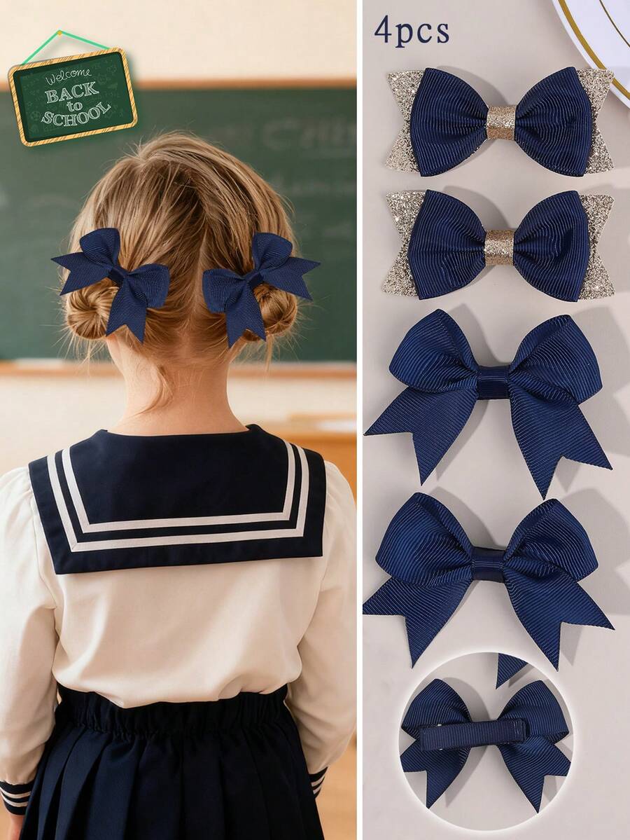 4pcs Navy Blue Bow Hair Clips Set, Suitable For Girls - Navy Blue Alligator Clips, Solid Shiny Hair Clips, School Style Party Hair Accessories, Suitable For Daily Wear, Teens Hair Accessories