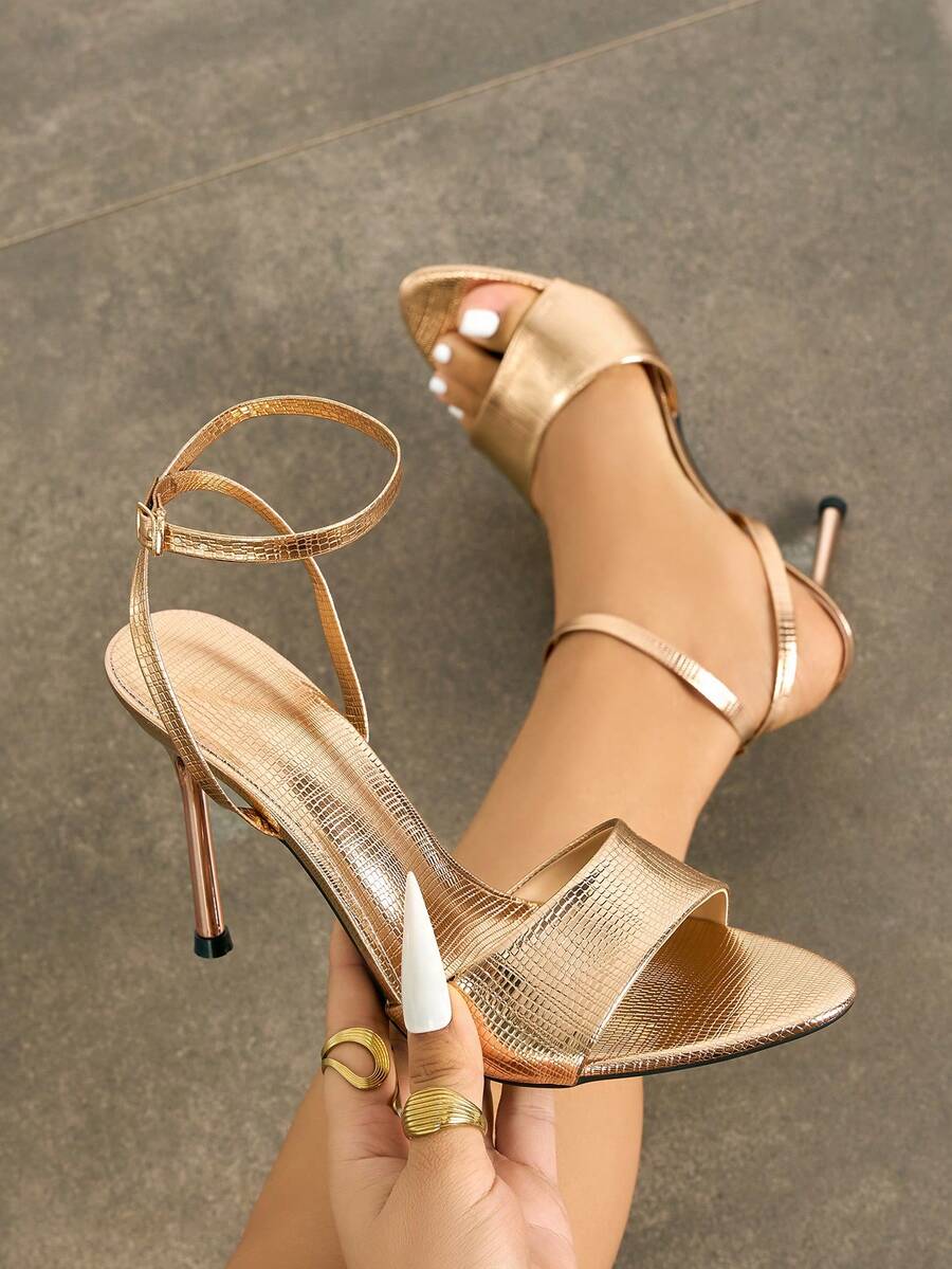Women's High Heels, Suitable For Spring, Summer, Night Parties, Travel, Shopping, Gatherings, Runway, Commuting, Dances, Dates, Fashion Elegant Occasions. Adjustable Ankle Strap, Pointed Toe, Thin High Heel, Solid Color, Snake Skin Texture, Mirror Finish, Comfortable Material, Matching Autumn Dresses, Skirts, Formal Wear. Sexy, Avant-Garde, Elegant, Luxurious, Fresh, Steady, High-End, Flattering, Champagne Color High Heel Sandals - Champagne - View 1