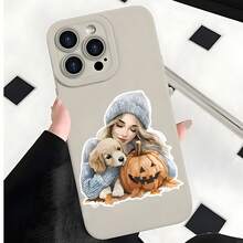 2026 nueva funda de teléfono esmerilada, funda de teléfono con diseño de calabaza de Halloween de niña y cachorro para iPhone 17 14 13 12 11 Pro Max  Galaxy S23 S22 S21 S20 Ultra protector de teléfono funda de pareja regalo para novio novia regalo de vacaciones - Blanco antiguo - Ver 7