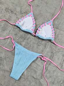 بيكيني نسائي صيفي ملابس علوية مثلثة هالتر (تفاصيل ربط) + سراويل مطاطية عالية المطاطية، طقم ملابس سباحة أنيق وجذاب للشاطئ - أزرق فاتح اللون - مشاهدة 2