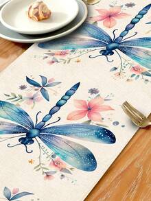 1pc Dragonfly Pattern Table Runner, 4pcs Dragonfly Pattern Placemats, Suitable For Holidays, Parties, Birthdays, Dinners, Kitchen & Dining Room Table Decor, All Season Home & Living Room Decor - Multicolor - View 8