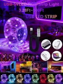 1-30米柔性RGB LED灯带，3键数据线控制（无遥控器），低压USB供电，自带背胶，适用于卧室、电视背光、节日派对装饰 - 彩色 - 查看 3