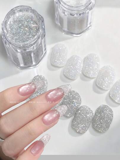 双色10克白色灰色糖粒碎钻指甲粉，1盒DIY美甲装饰套装，含闪粉，完美适用于美甲和足疗，美甲用品 | 闪亮美甲装饰 | 闪耀美甲设计，指甲油艺术美甲