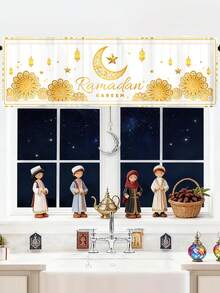 1Pc White Gold Ramadan Kareem Curtains Valance,Short Sunshade Curtain With Stars,Moon,Lantern Design,Cafe Curtain Valance,Ramadan Kareem Party Supplies,Ramadan Mubarak Decorations,Ramadan Decorations For Home,Islamic Muslim Party Decorations,EID Mubarak Decorations,Eid Al Adha Gift,Short Curtain Tier For Living Room Kitchen Bathroom Window Decor - White Gold - View 3