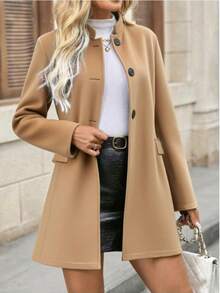 Áo khoác dài tay cổ đứng màu trơn thanh lịch dành cho nữ, đơn giản, cài nút phía trước, mùa thu/đông - Màu Khaki - Xem 5