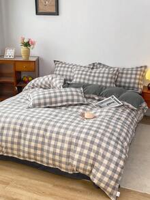 4pcs Grey Plaid Bedding Set (1 Duvet Cover, 2 Pillowcases, 1 Flat Sheet), Modern Elegant Style, Skin-Friendly Comfortable, Suitable For Twin/Full/Queen Beds, All Seasons