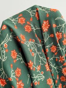 Rusttydustty 大码女式秋季碎花V领系腰荷叶边下摆拼接长袖连衣裙，度假优雅款 - 綠色 - 查看 7