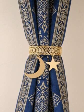 1pc Elegant Gold Metal Curtain Tieback With Moon And Star Charms, Adjustable Magnetic Spring Rope Drape Holder,Islamic Style Window Treatment Accessory.