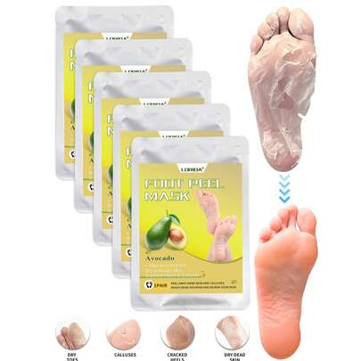 5双装足部去角质面膜 - 蕴含乳酸、尿素和苹果酸，具有去角质、保湿和滋养功效，软化足部粗糙的米色肌肤，令双足丝滑柔嫩 - 精华袜，足部护理，滋养去角质面膜，必备足部护理用品，修脚配件，天然牛油果和芦荟成分，保湿足膜，去除足部死皮