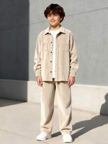 两件套青少年男童灯芯绒长袖开衫和长裤套装，简约设计，适合休闲、上学、通勤等场合，百搭实用，春秋冬皆宜。 - 卡其色 - 查看 1