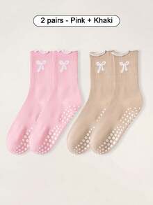 1/2 Pair Pilates Socks, Professional Non-Slip Yoga Socks With Embroidered Bow, Dot Patterned Anti-Slip Socks For Women, Suitable For Home, Leisure, Aerobic Exercise, Soft Ribbed Knit Fabric, Wavy Hem + 3D Bow Embroidery - Multicolor - View 10