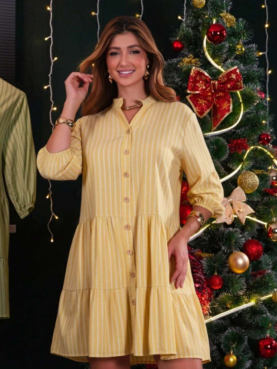 Women's Striped Midi Dress With Shirt Collar And Bishop Sleeves, Casual, With Buttons, Asymmetrical Hem, Summer And Beach. - 奶油黃 - 查看 1