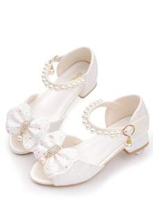 Girls' Sandals With Bow Design, Glitter Princess Shoes Suitable For Daily Matching With Princess Dresses, Holiday Parties, Flower Girl Outfits - White - View 6