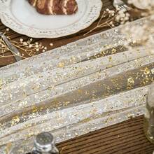Beige Gold Gauze Table Runner 120 Inch 10FT, Glitter Metallic Foil Sheer Dining Wedding Anniversary Holiday Birthday Table Decor For Home Party,28inchx120inch,BeigeGold - 米金色 - 查看 4