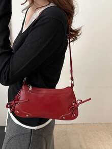 新款时尚纯色蝴蝶结装饰手提包、单肩包、托特包、斜挎包、工作包，适合携带现金、购物、上班、聚会、约会、短途旅行等场合。颜色：酒红色 - 酒紅色 - 查看 5