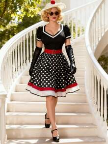 Women's Retro Black And White Polka Dot Midi Dress With Elegant V Neck Short Sleeves And Flared A Line Skirt - 黑色 - 查看 2