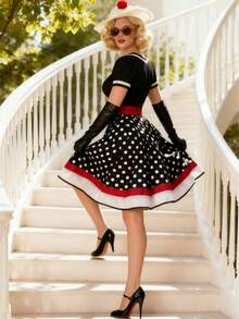 Women's Retro Black And White Polka Dot Midi Dress With Elegant V Neck Short Sleeves And Flared A Line Skirt - 黑色 - 查看 3