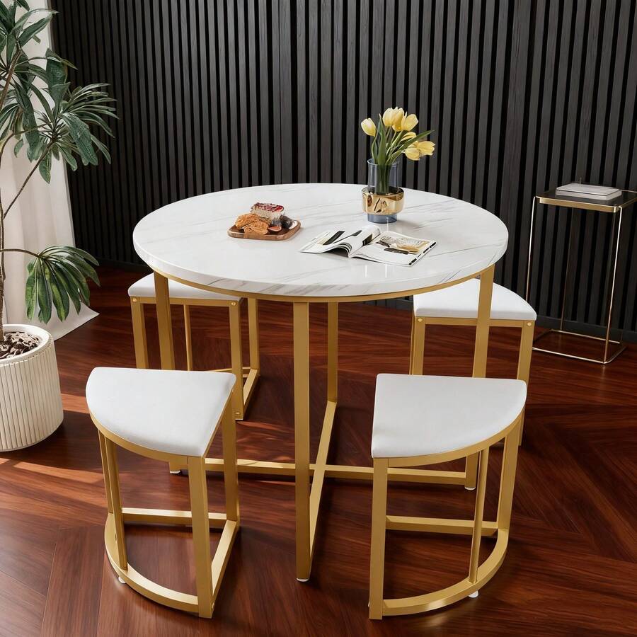 Dining Table & Chair Sets - White+Gold + MDF+Metal + Seats 4 - View 1