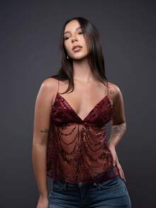 Sparkly Lace Blouse In Marsala With Sequins, 2000s Style - 紅木色 - 查看 1