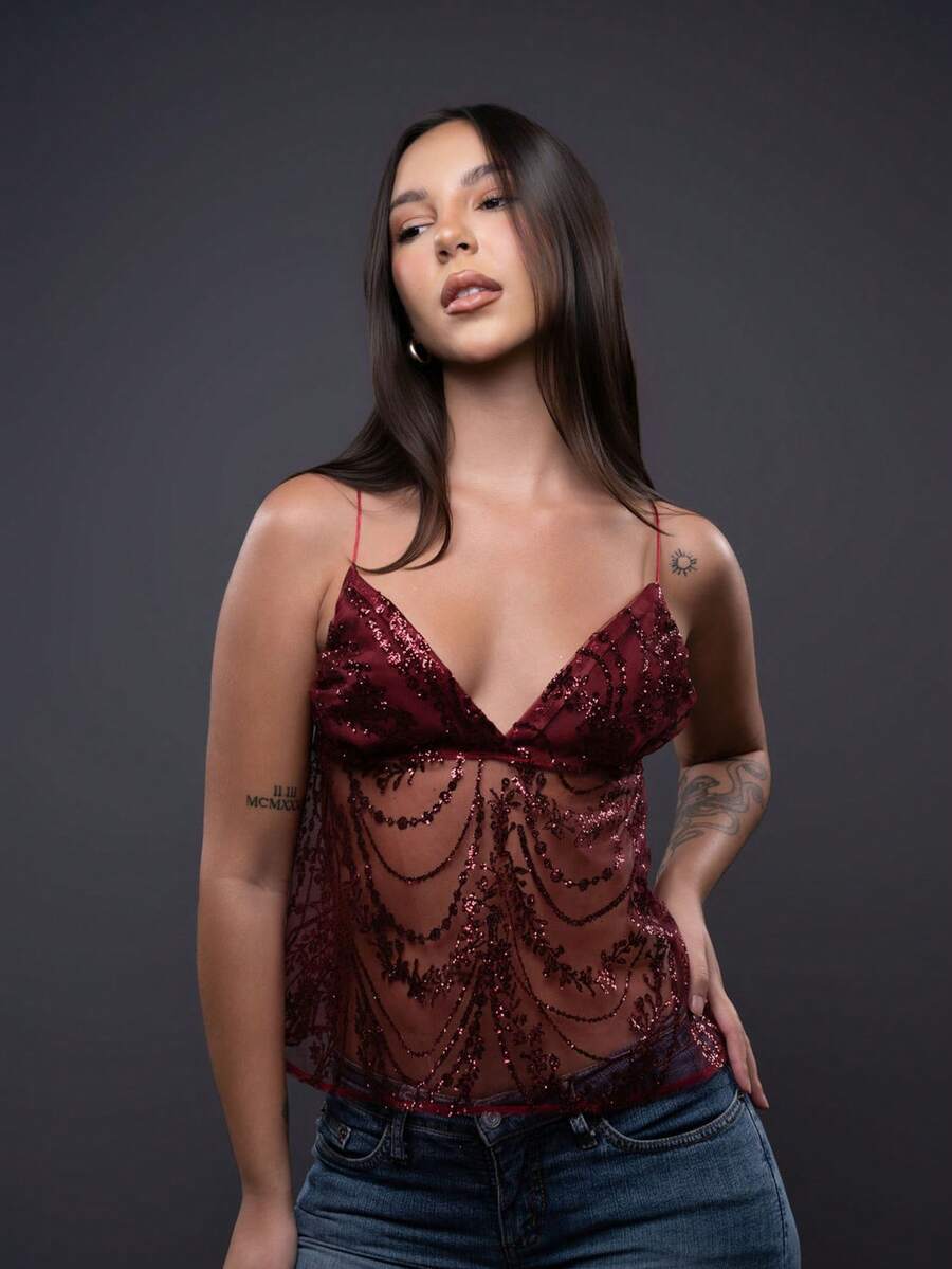 Sparkly Lace Blouse In Marsala With Sequins, 2000s Style - 紅木色 - 查看 1