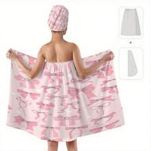 两件套波点蝴蝶结浴袍套装，浪漫梦幻风格，采用吸水性强的毛巾布材质，无肩带连衣裙设计，搭配同款发带。饰以粉色蝴蝶结、波点和爱心图案，可爱精致。沐浴后穿着方便，适合女性在浴室使用，为居家水疗时光增添少女魅力，日常使用或作为礼物都非常合适。 - 彩色 - 查看 2