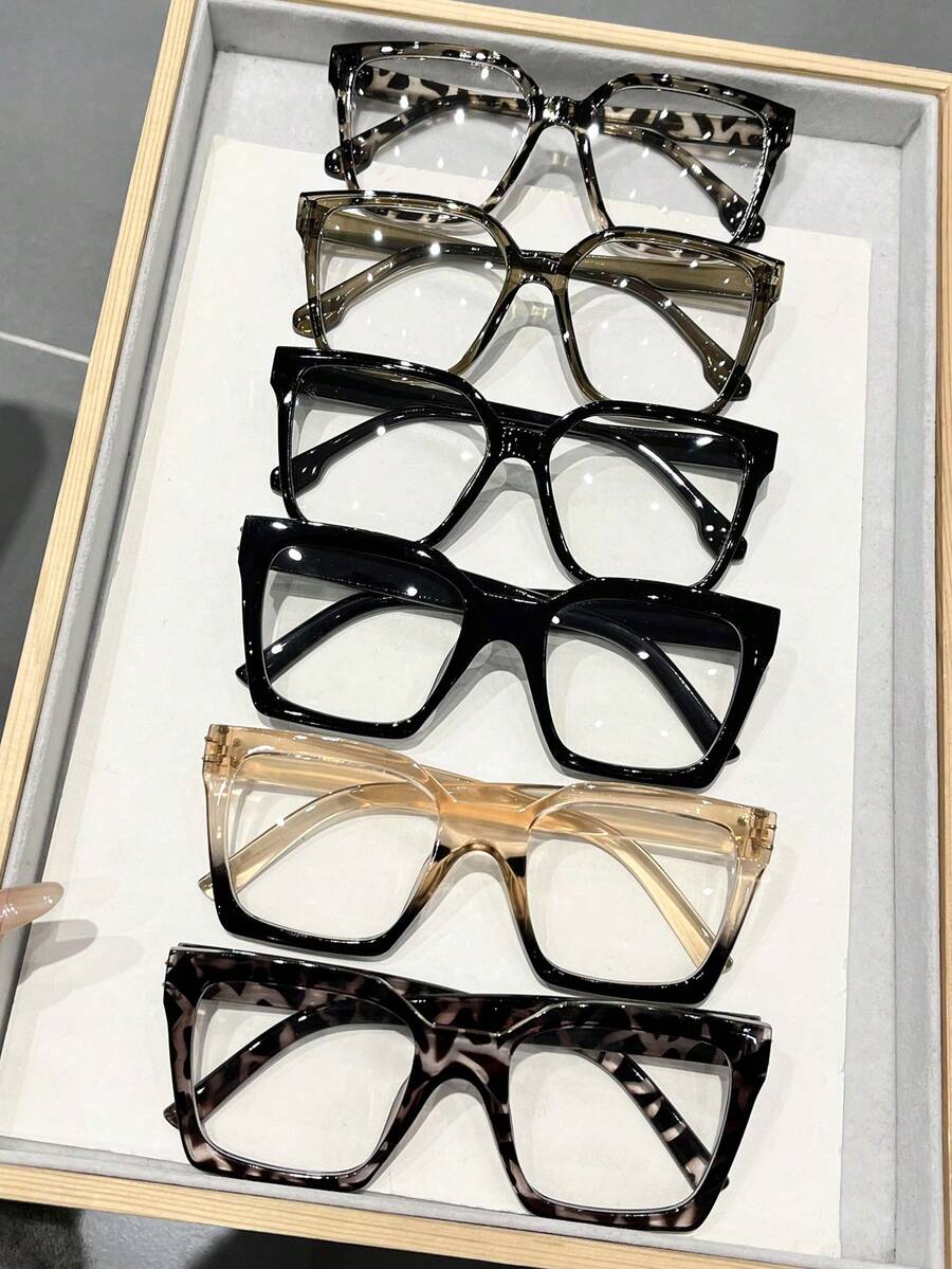 6 Stück Kunststoff Leopard mehrfarbige ovale Vollrandbrille im Ins-Stil, beliebtes Design für Frauen, klare Gläser für den Alltag, Schul-Basics, Wochenendoutfit, Termine, Ausgehen, Modezubehör, geeignet für alle Gesichtsformen - Transparent - Übersicht 1