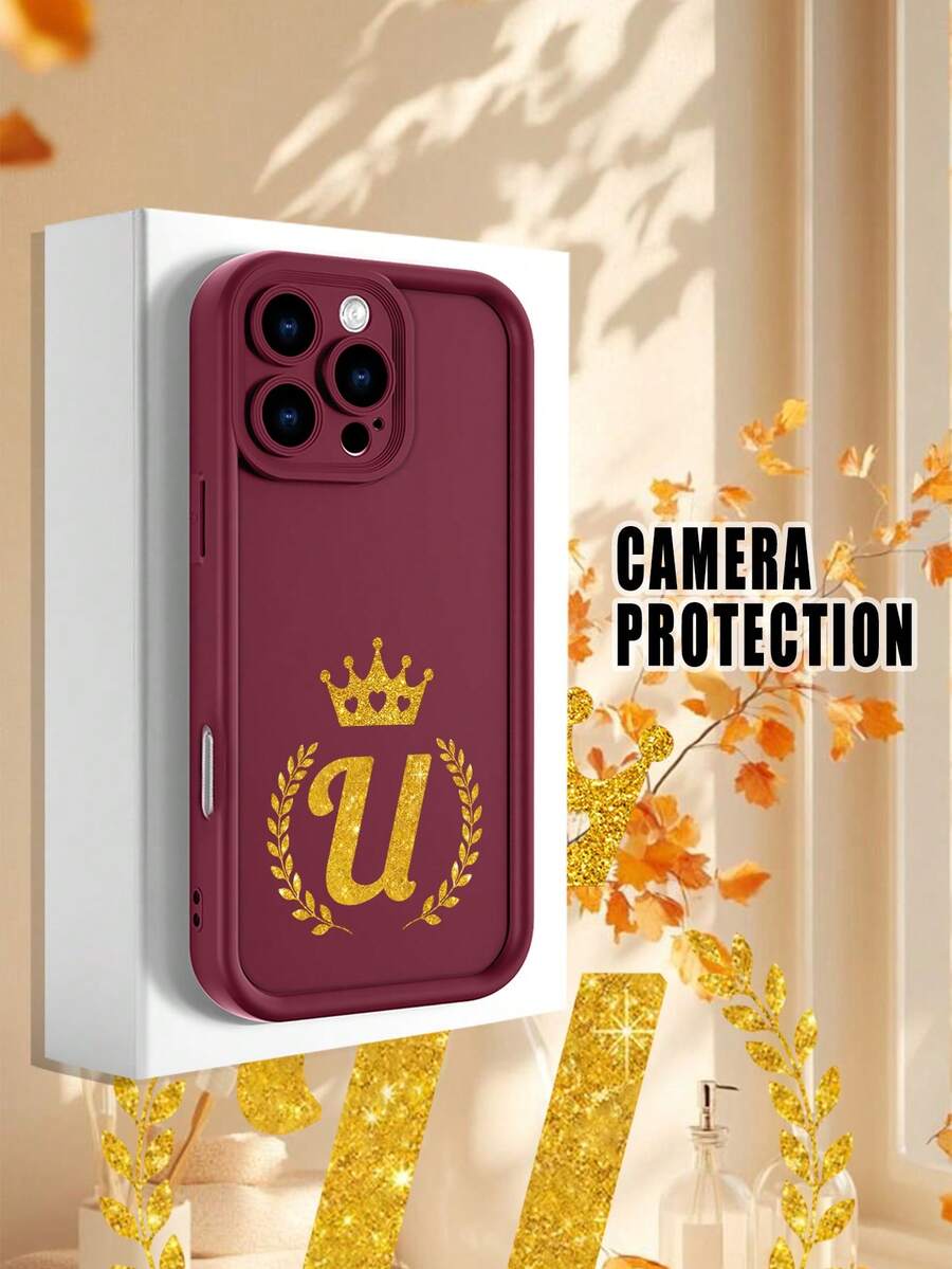 1 pieza Funda de teléfono con diseño de la letra U dorada con corona y laureles en estilo elegante y lujoso ideal para amantes del glamour y el estilo sofisticado TPU soft case, protección completa antideslizante y anti-caída, compatible con iPhone17 ProMax/16/15/14/13/12/11/Plus/Pro/ProMax, compatible con Galaxy A34/A35/A54/A55, Galaxy S20/S21/S22/S23/S24/S25 Ultra/Plus, compatible con Galaxy/Redmi/Honor/OPPO/ViVo - Burdeos - Ver 1